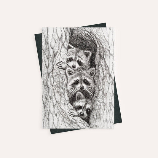 3 ratons laveurs dans un arbre - carte de vœux