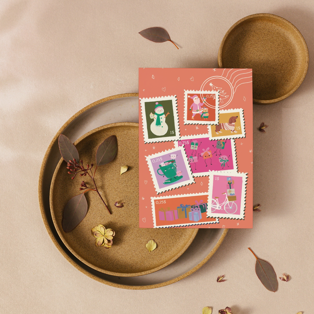 Carte de Noël illustrée – Timbres-poste pour les fêtes